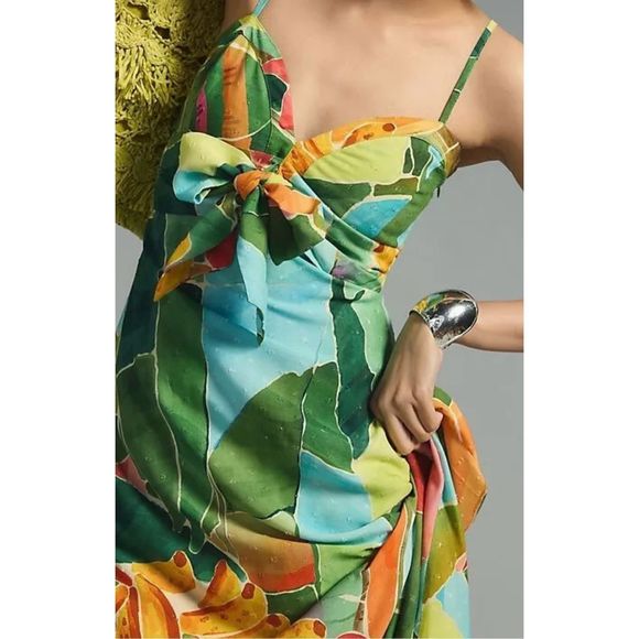 Anthropologie Farm Rio Tie-Waist Printed Dress Multi Palm size M - Picture 2 of 13